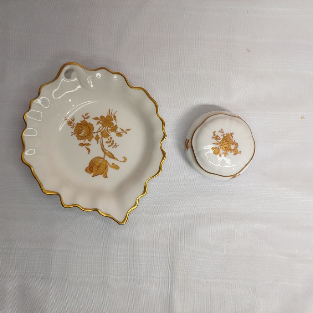 Limoges France Gold Gilt Rose Floral Trinket Box Leaf Dish Jewelry Dresser Set